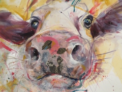 yellow cow (mixed media..acrylics, collage, pencil)