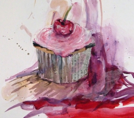 cherry cupcake (acrylics and collage)